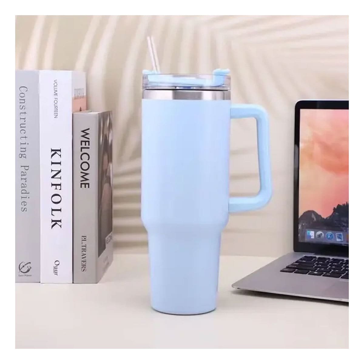 PACK6 TAZA TERMICA EN COLOR CELESTE 1200ML CON ASA LATERAL Y SORBETE ABS Y ACERO Y+PAPEL REGALO - 2