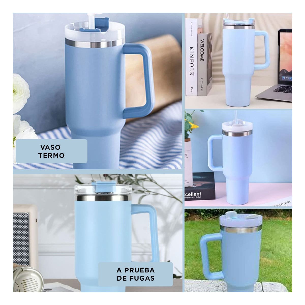 PACK6 TAZA TERMICA EN COLOR CELESTE 1200ML CON ASA LATERAL Y SORBETE ABS Y ACERO Y+PAPEL REGALO - 3