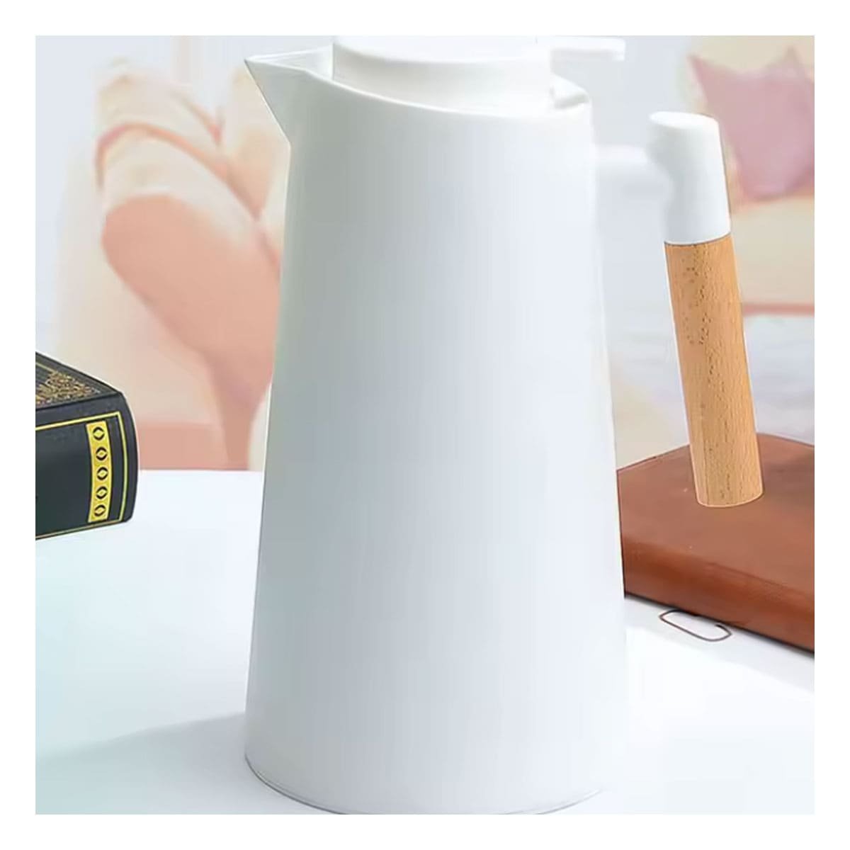 PACK4 JARRA TERMO 1L COLOR BLANCO CON MANGO DE MADERA SEGURO Y PRACTICO PARA OFICINA - 2