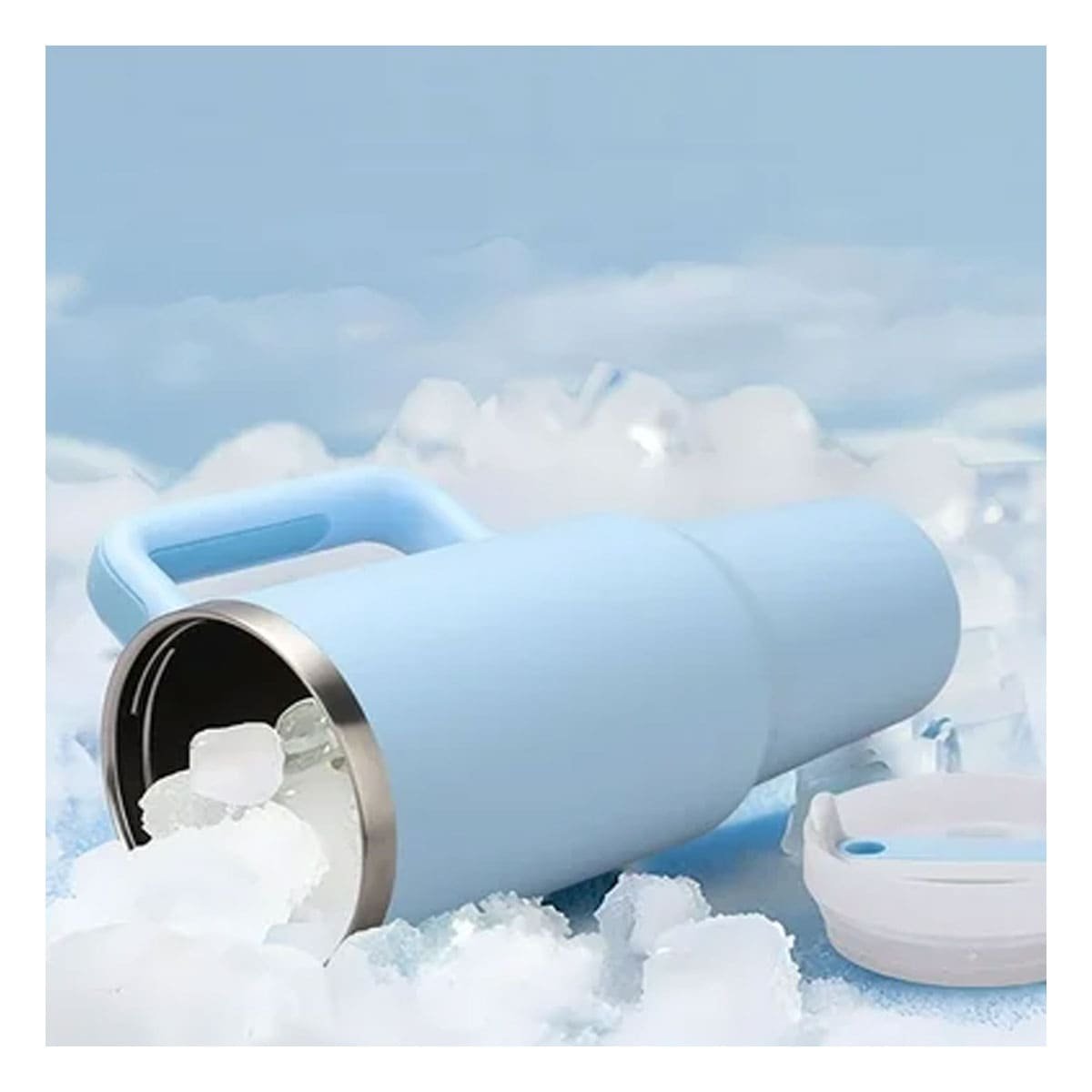 PACK12 SET BOTELLA TERMICA EN COLOR CELESTE 1200ML CON ASA Y SORBETE ABS Y ACERO Y+PAPEL REGALO - 5