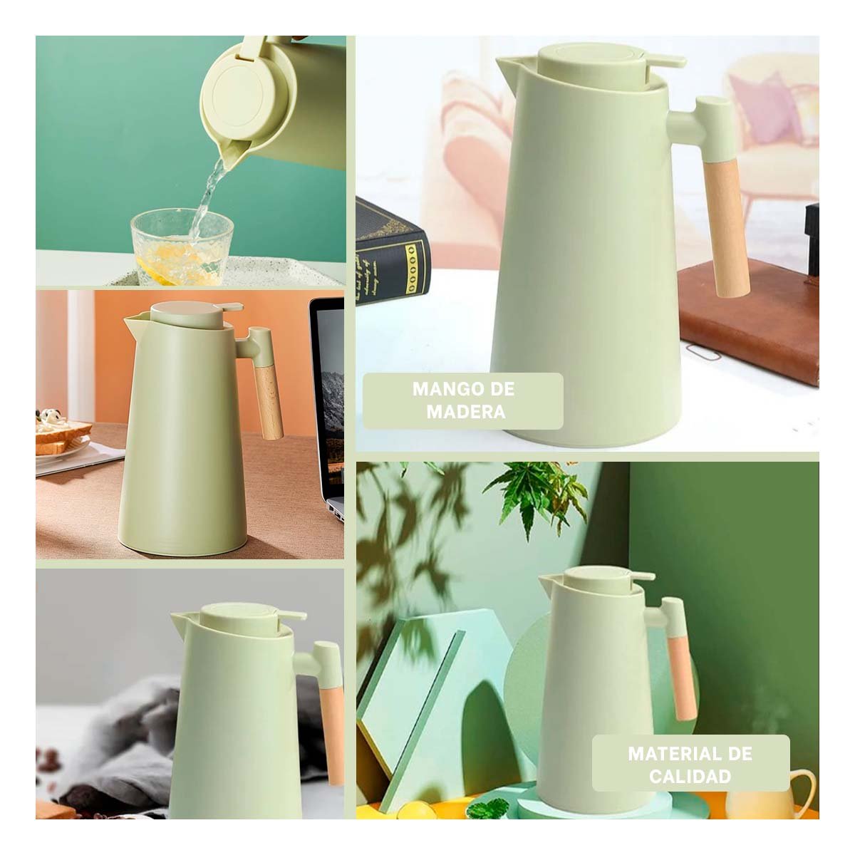 PACK4 JARRA TERMO 1L VERDE CLARO CON MANGO DE MADERA PRACTICA PARA OFICINA Y+REGALO STICKER - 2
