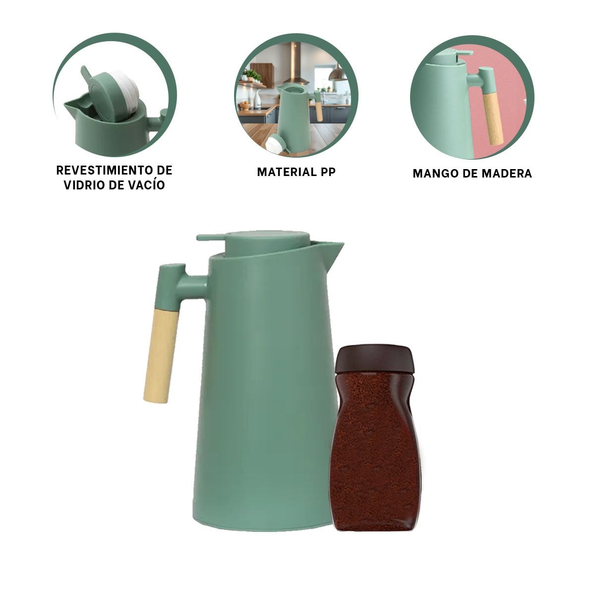 JARRA TERMO 1L COLOR VERDE AGUA CON MANGO DE MADERA LIGERA Y MODERNA PARA BEBIDAS - 3