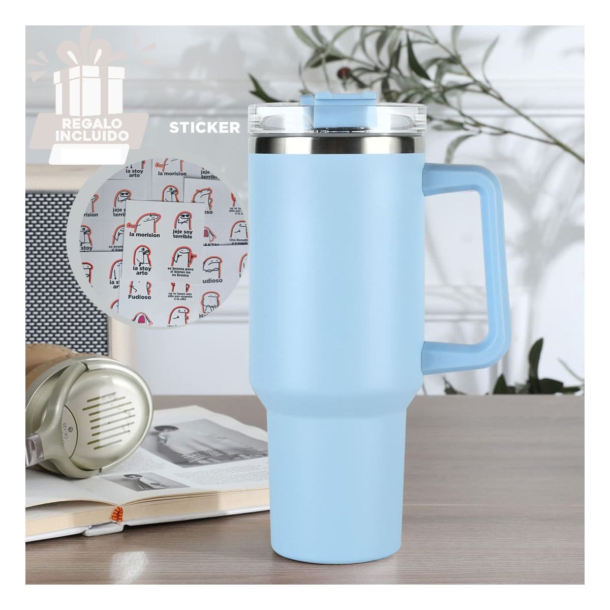 BOTELLA TERMICA EN COLOR CELESTE 1200ML CON ASA LATERAL Y SORBETE ABS Y ACERO Y+REGALO STICKER - 1