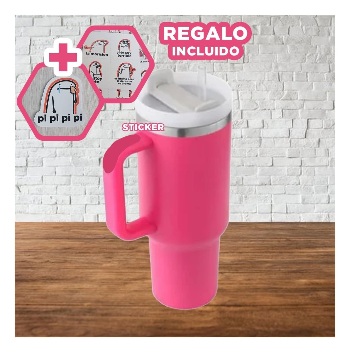 BOTELLA TERMICA EN COLOR FUCSIA 1200ML CON ASA LATERAL Y SORBETE ABS Y ACERO Y+REGALO STICKER - 1