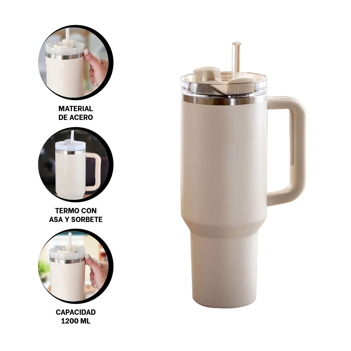 BOTELLA TERMICA 1200ML EN COLOR BLANCO CON ASA Y SORBETE EN ABS Y ACERO - 3