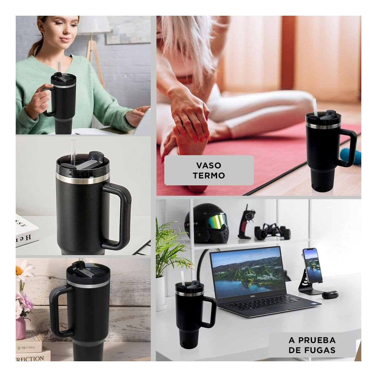 BOTELLA EN COLOR NEGRO CON ASA Y SORBETE REUTILIZABLE 1200ML DE ABS Y ACERO Y+LIGAS REGALO - 5