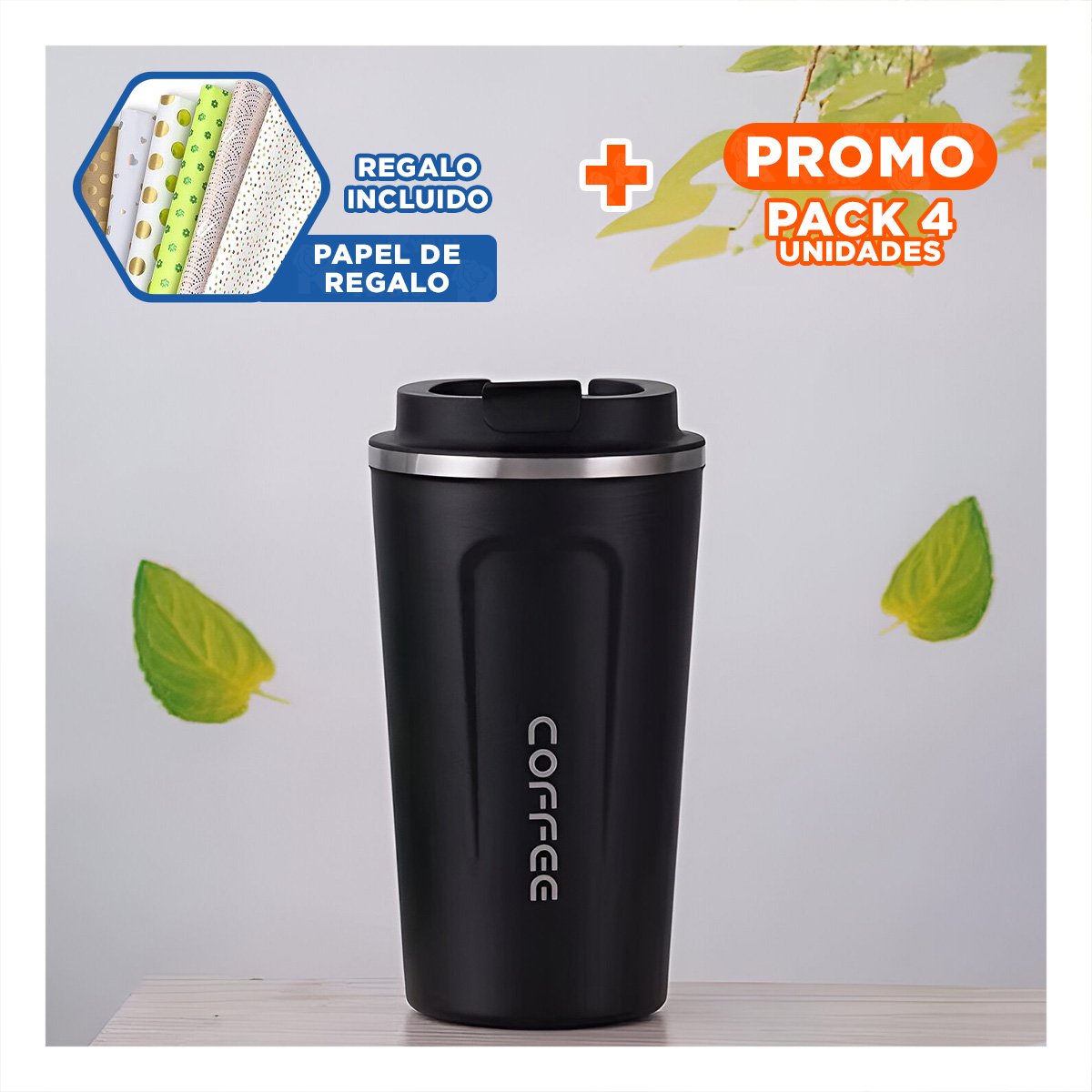 PACK4 VASO CON DISPLAY NEGRO 510ML PARA USO PERSONAL DIARIO Y+PAPEL REGALO - 1