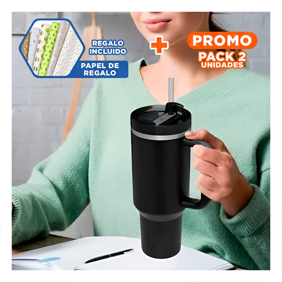PACK2 TERMO EN COLOR NEGRO 1200ML CON ASA FIRME Y SORBETE EN ABS Y ACERO Y+PAPEL REGALO - 1