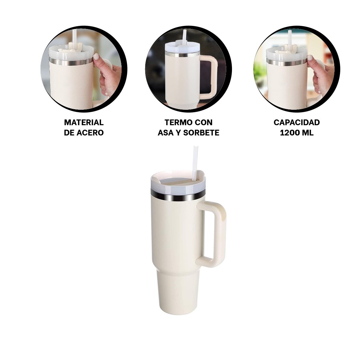 BOTELLA EN COLOR BLANCO CON ASA Y SORBETE REUTILIZABLE 1200ML DE ABS Y ACERO Y+LIGAS REGALO - 3