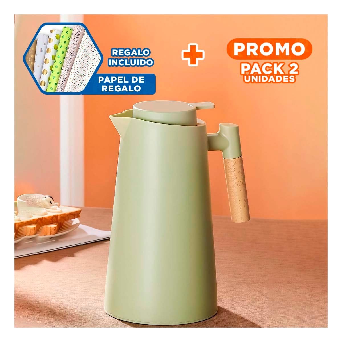 PACK2 BOTELLA TERMO 1L VERDE CLARO CON MANGO DE MADERA LIGERA Y PRACTICA Y+PAPEL REGALO - 1