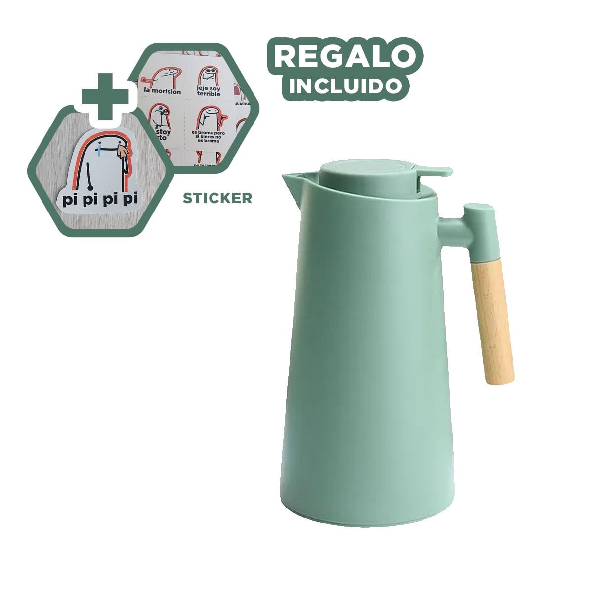 ENVASE TERMO 1L VERDE AGUA CON MANGO DE MADERA CON DISENO MODERNO Y ELEGANTE Y+REGALO STICKER - 1