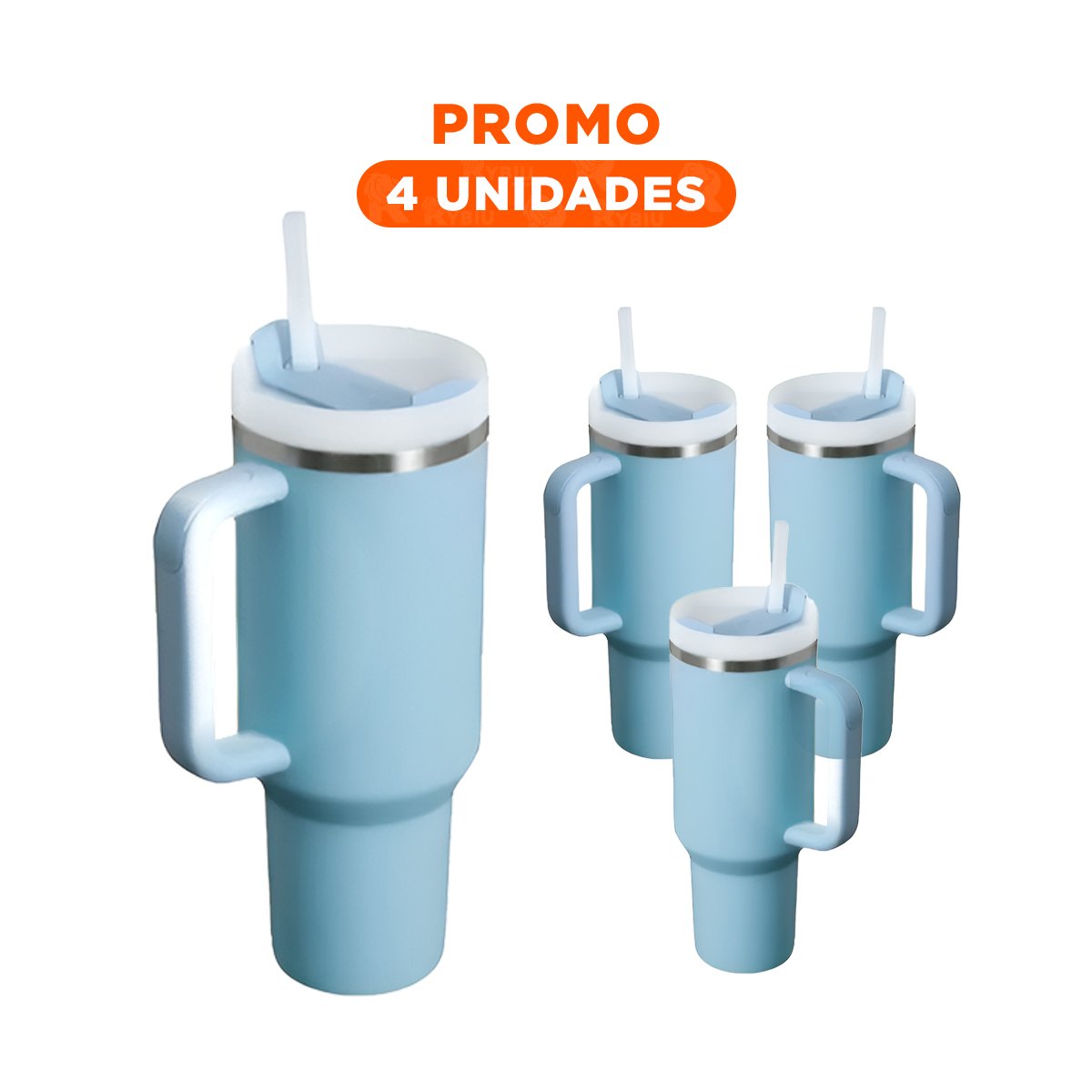 PACK4 TAZA TERMICA 1200ML EN COLOR CELESTE CON ASA Y SORBETE EN ABS Y ACERO Y+REGALO STICKER - 1