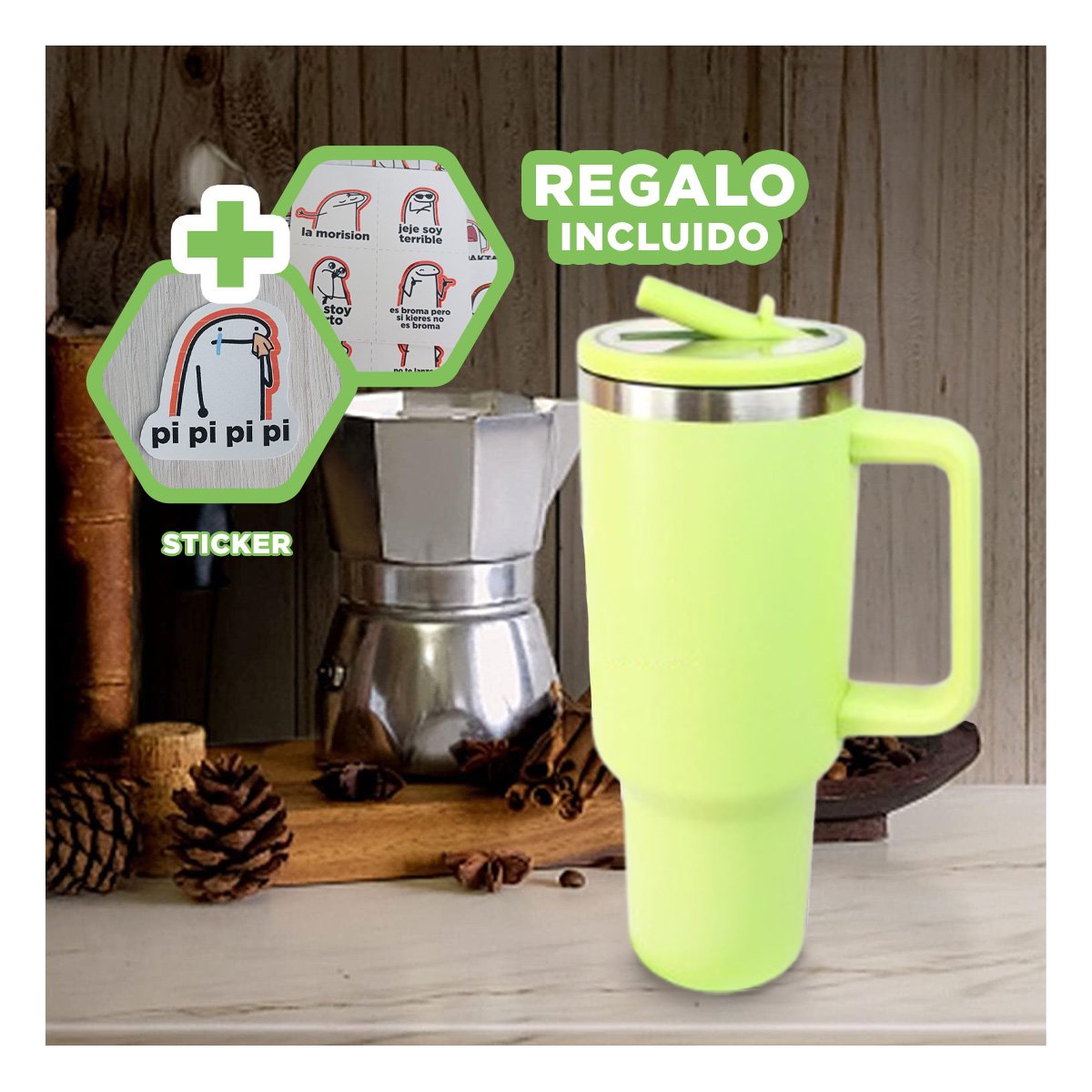 BOTELLA TERMICA EN COLOR VERDE LIMON 1200ML CON ASA LATERAL Y PICO ABS Y ACERO Y+REGALO STICKER - 1