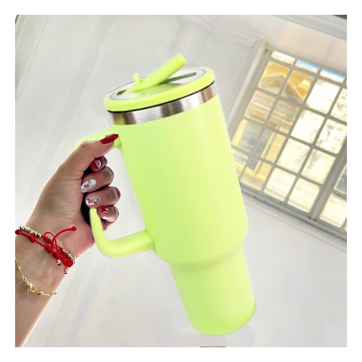 BOTELLA TERMICA EN COLOR VERDE LIMON 1200ML CON ASA LATERAL Y PICO ABS Y ACERO Y+REGALO STICKER - 2