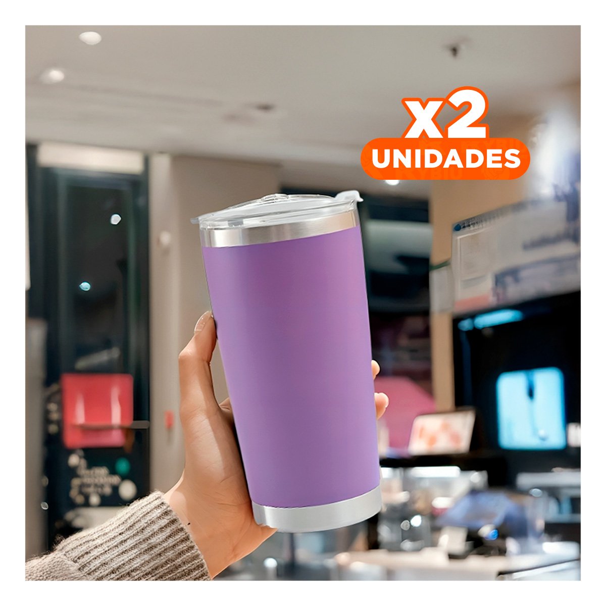 PACK2 VASO MORADO CON TAPA 600ML DE ACERO INOXIDABLE PARA CAFE, TE Y BEBIDAS Y+REGALO STICKER - 1