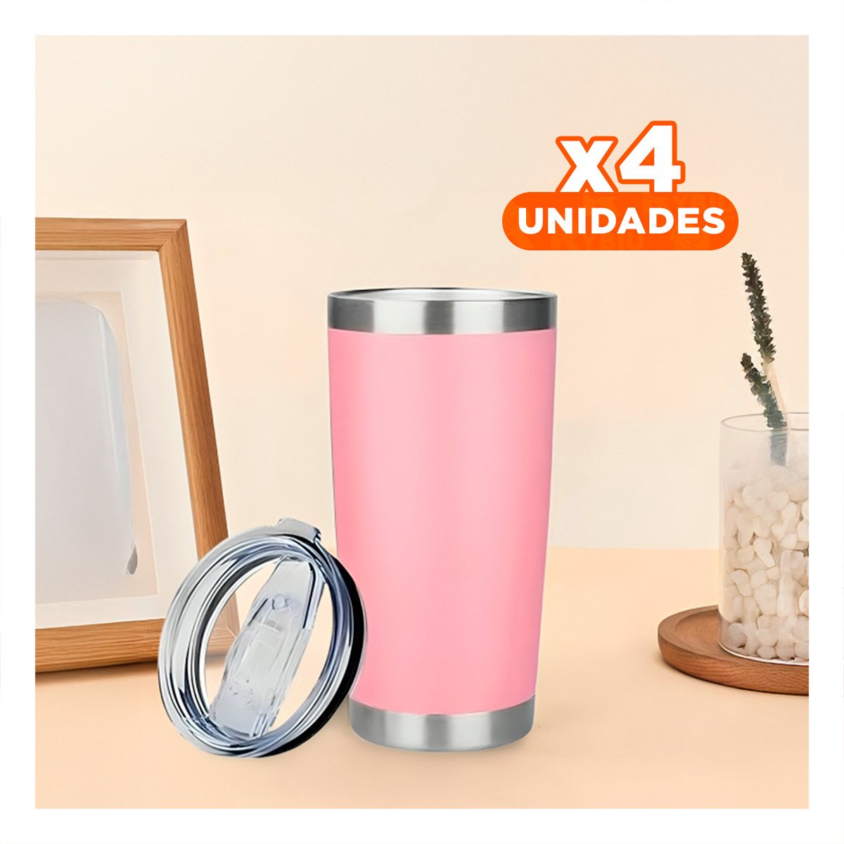 PACK4 CONTENEDOR ROSADO 600ML CON TAPA Y ASA DE ACERO INOXIDABLE PARA HIDRATACION - 1