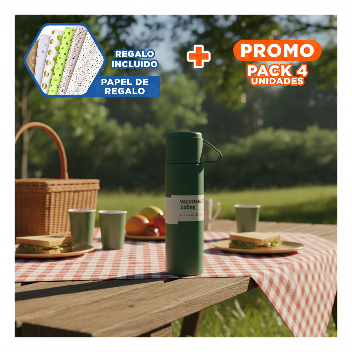 PACK4 JARRA TERMICA MODERNA CON 2 TAZAS VERDE PARA TRABAJO Y+PAPEL REGALO - 1
