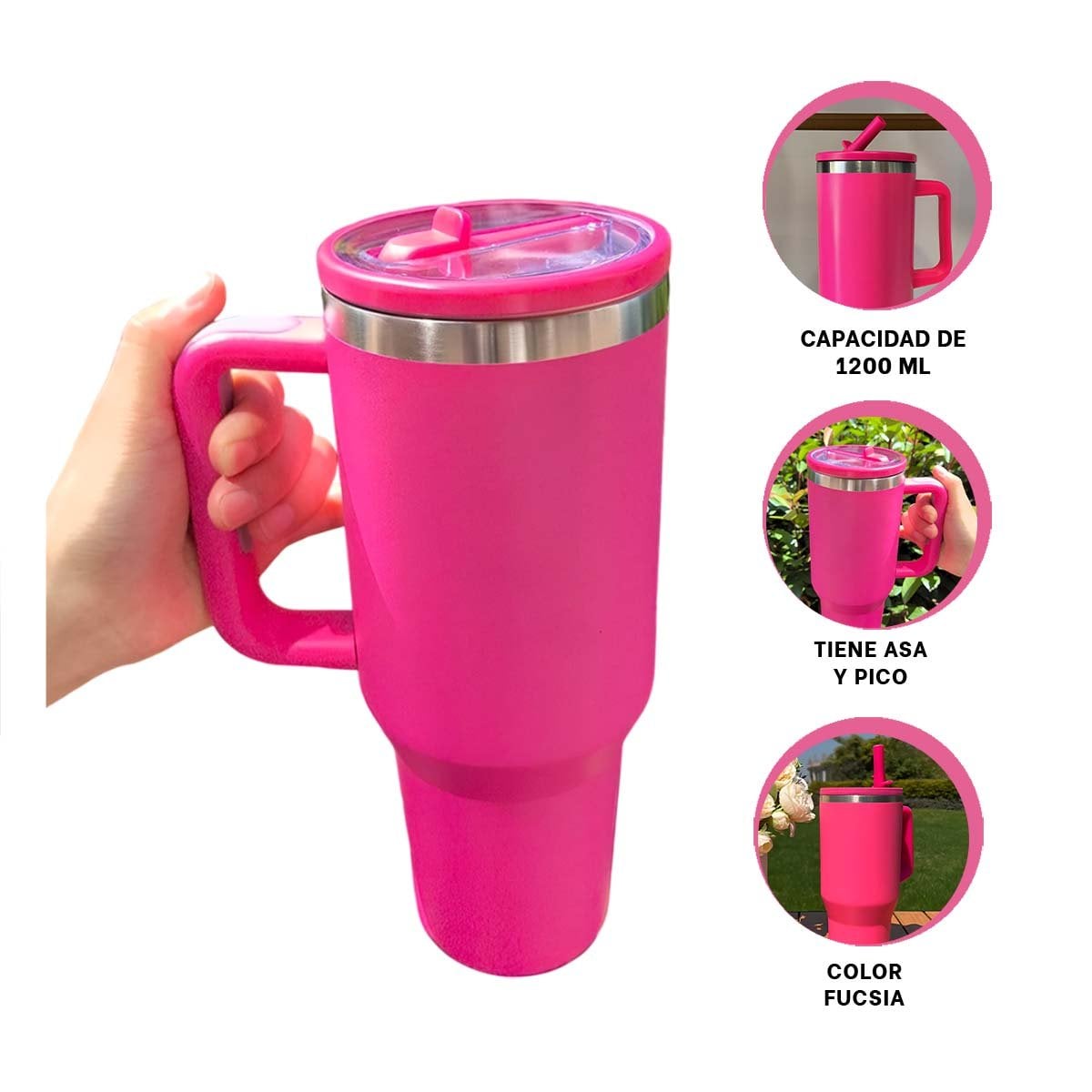 BOTELLA TERMICA 1200ML EN COLOR FUCSIA CON ASA Y PICO EN ABS Y ACERO - 3