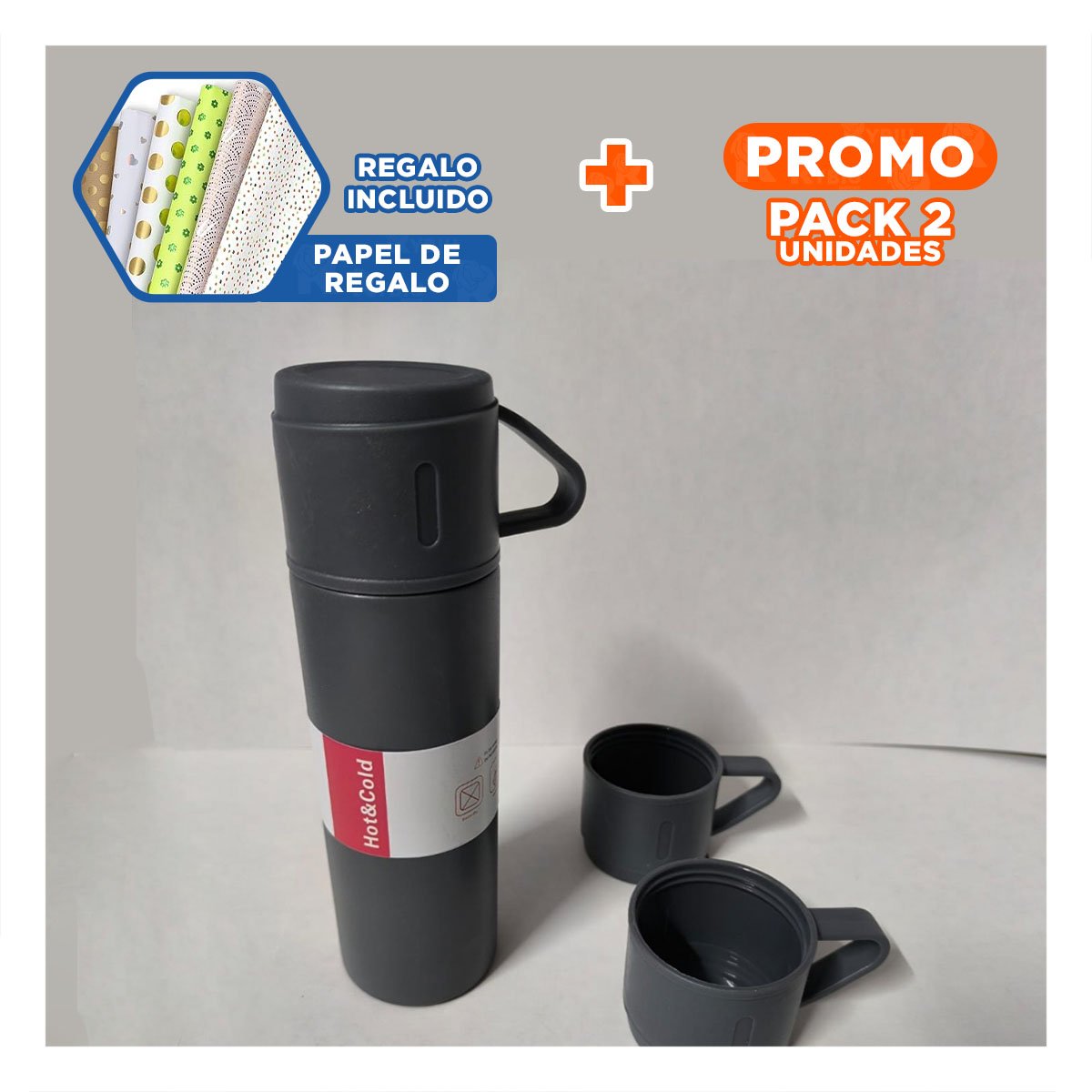 PACK2 CONTENEDOR TERMICO INDIVIDUAL CON 2 TASAS COLOR PLOMO OSCURO PRACTICO Y+PAPEL REGALO - 1