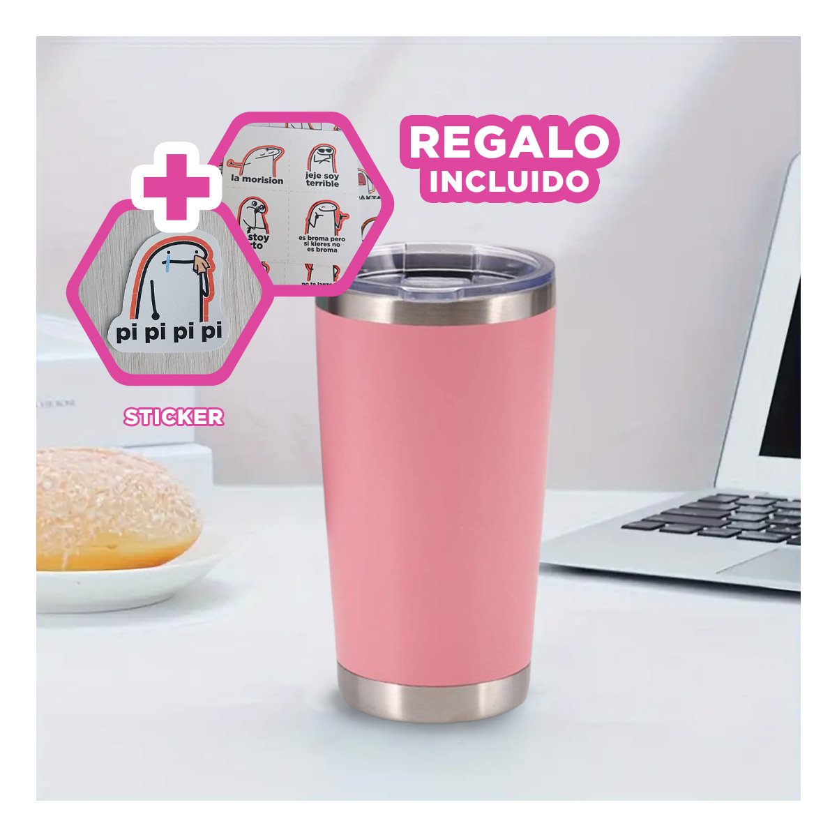 TERMO 600ML DE ACERO INOXIDABLE ROSADO CON TAPA FACIL DE ABRIR Y+REGALO STICKER - 1