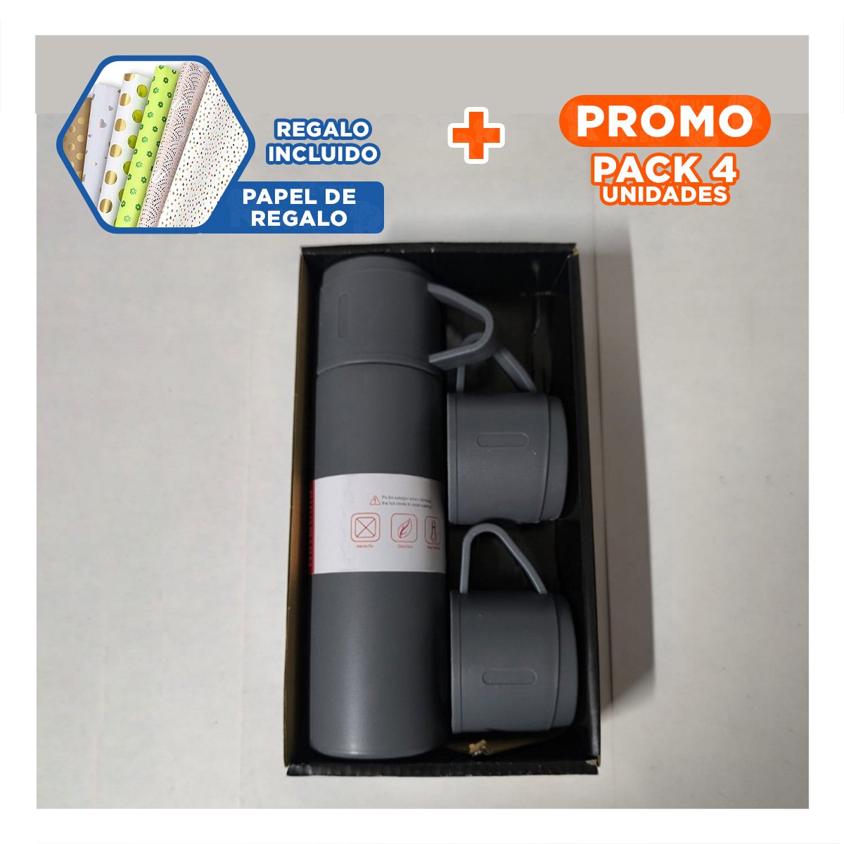 PACK4 RECIPIENTE DE ACERO CON 2 TASAS COLOR PLOMO OSCURO Y+PAPEL REGALO - 1