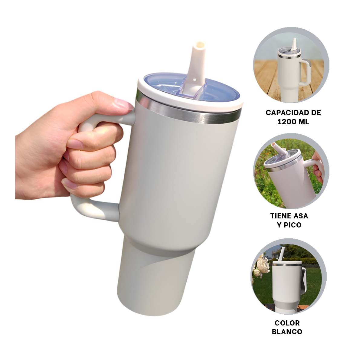 BOTELLA TERMICA 1200ML EN COLOR CREMA CON ASA Y PICO EN ABS Y ACERO - 3