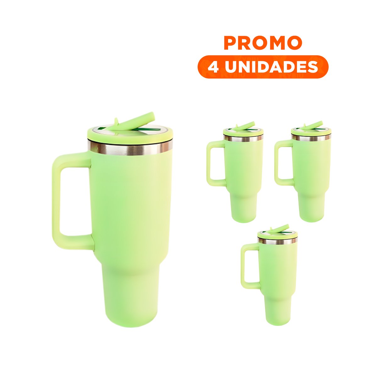 PACK4 TAZA TERMICA 1200ML EN COLOR VERDE LIMON CON ASA Y PICO EN ABS Y ACERO Y+REGALO STICKER - 1