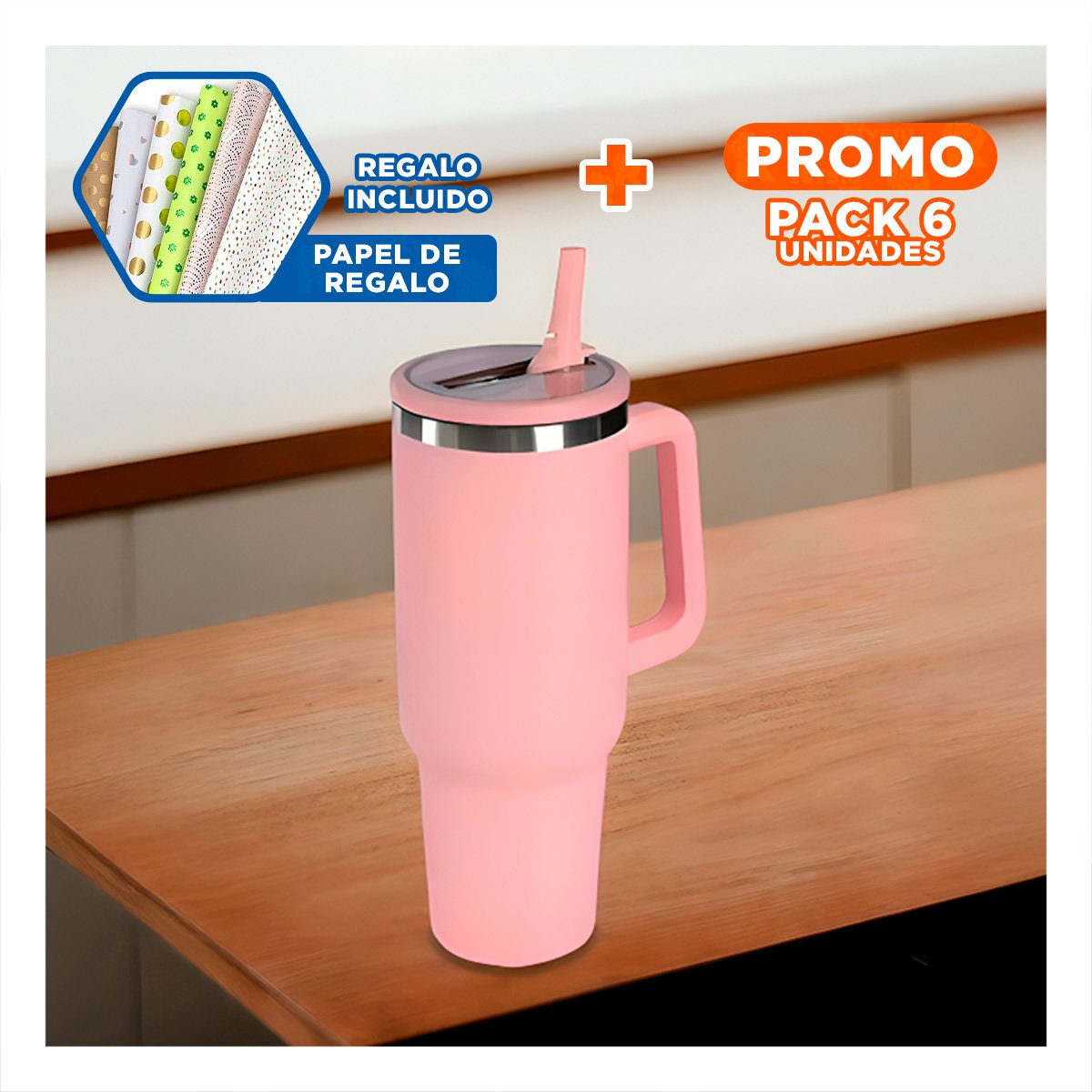 PACK6 TAZA TERMICA EN COLOR ROSADO 1200ML CON ASA LATERAL Y PICO ABS Y ACERO Y+PAPEL REGALO - 1