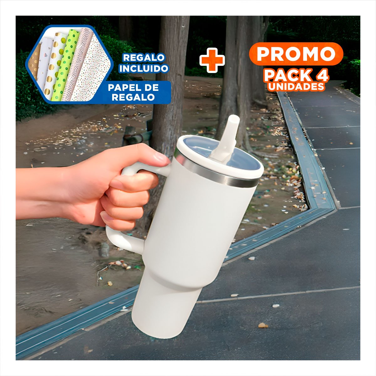 PACK4 TERMO EN COLOR CREMA CON ASA Y PICO 1200ML EN MATERIAL ABS Y ACERO Y+PAPEL REGALO - 1
