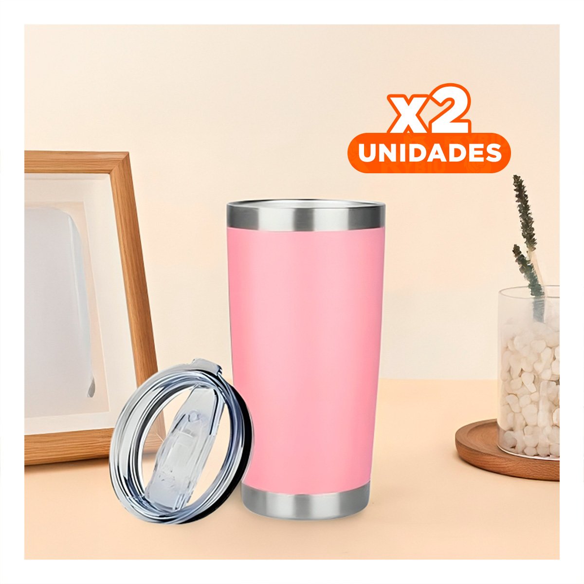 PACK2 VASO ROSADO CON TAPA 600ML DE ACERO INOXIDABLE PARA CAFE, TE Y BEBIDAS Y+REGALO STICKER - 1