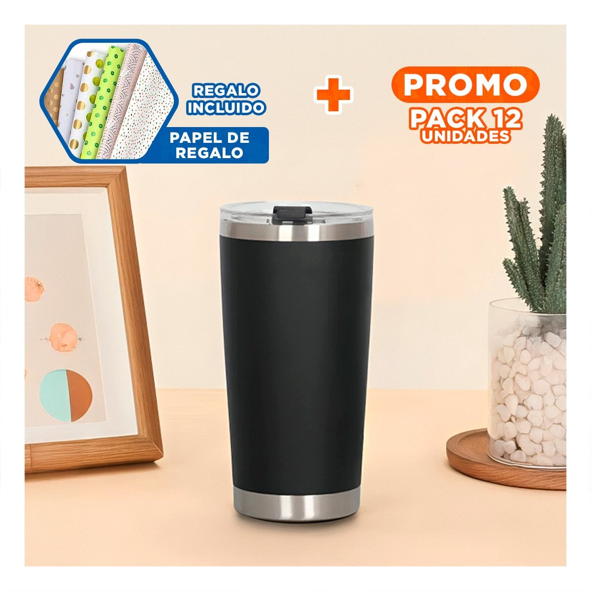 PACK12 CONTENEDOR DE ACERO INOXIDABLE 600ML NEGRO CON TAPA HERMETICA Y+PAPEL REGALO - 1