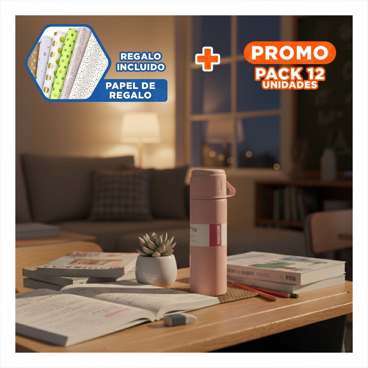 PACK12 VASO TERMICO ELEGANTE CON 2 TASAS ROSADO PRACTICO PARA VIAJE Y+PAPEL REGALO - 1