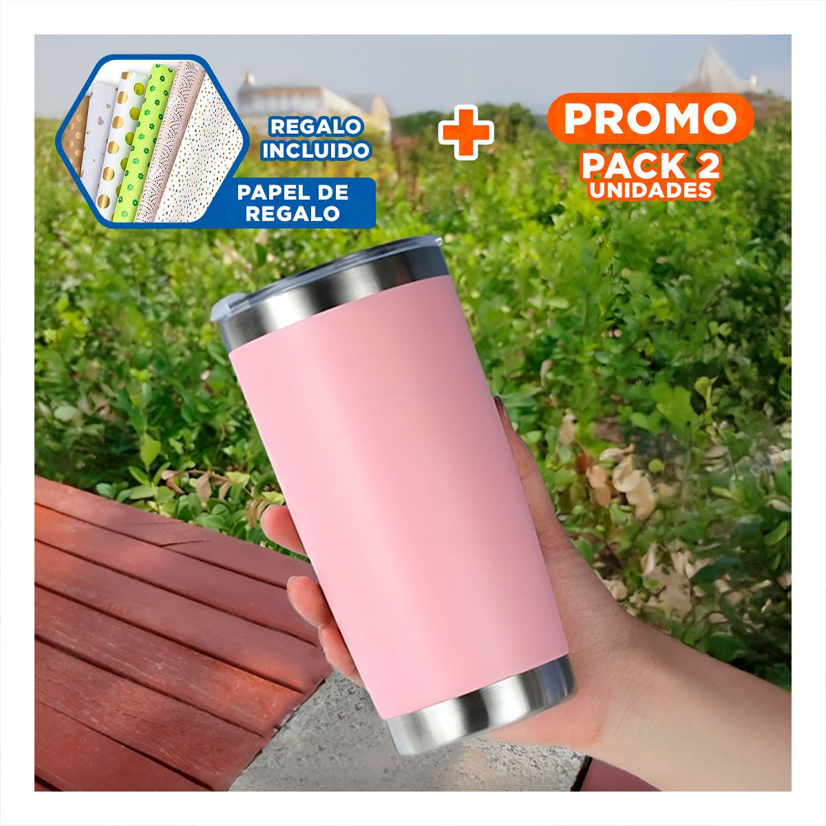 PACK2 VASO 600ML DE ACERO CON TAPA ROSADA Y ASA FACIL DE TRANSPORTAR Y+PAPEL REGALO - 1