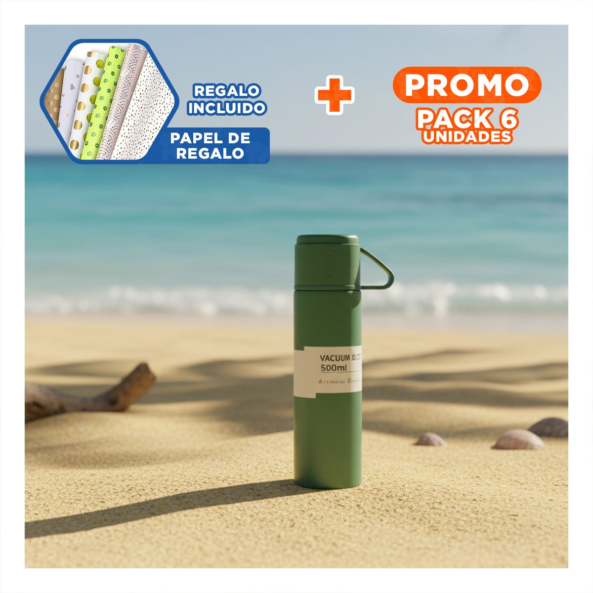 PACK6 TERMO DURADERO CON 2 TAZAS VERDE PARA OFICINA Y VIAJE Y+PAPEL REGALO - 1