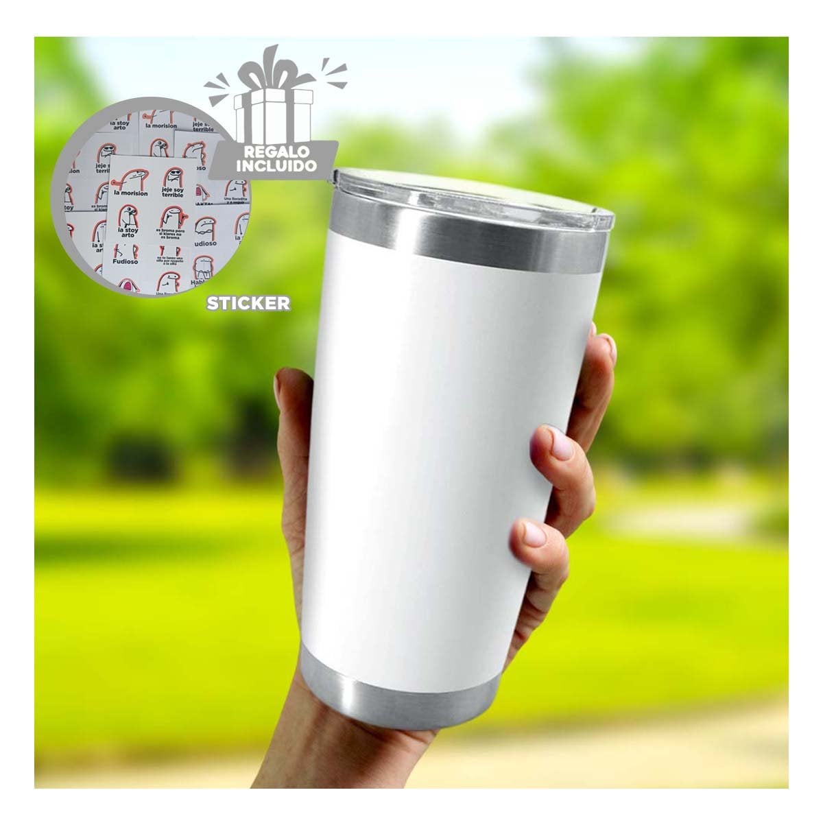 TERMO 600ML DE ACERO INOXIDABLE BLANCO CON TAPA FACIL DE ABRIR Y+REGALO STICKER - 1