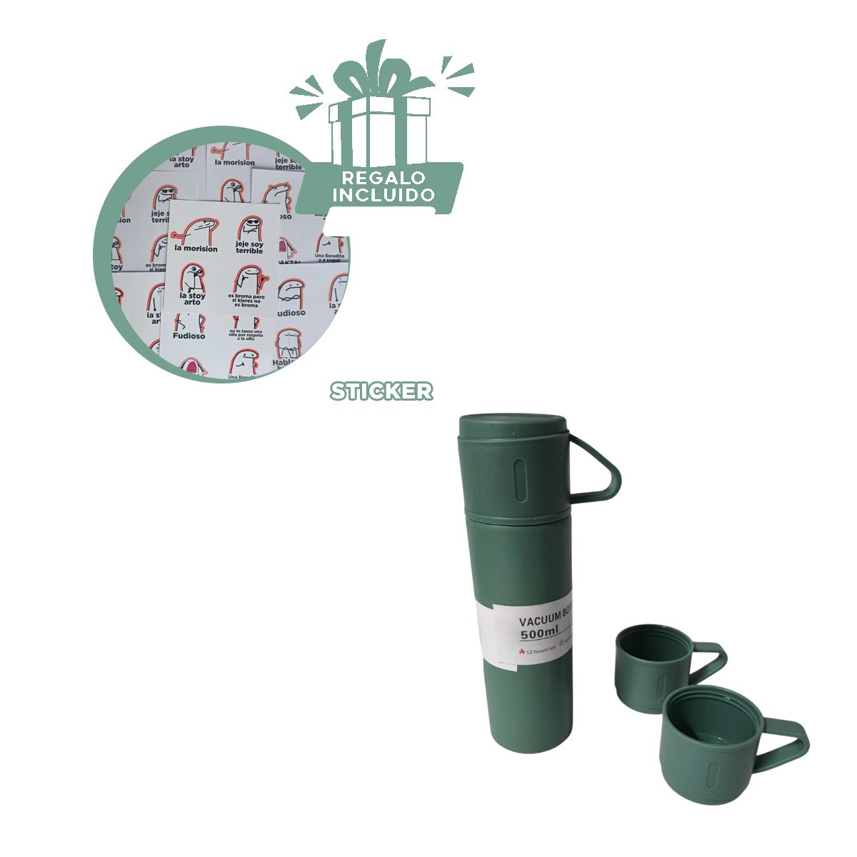 RECIPIENTE TERMICO CON 2 TAZAS VERDE PARA OFICINA Y VIAJE Y+REGALO STICKER - 1