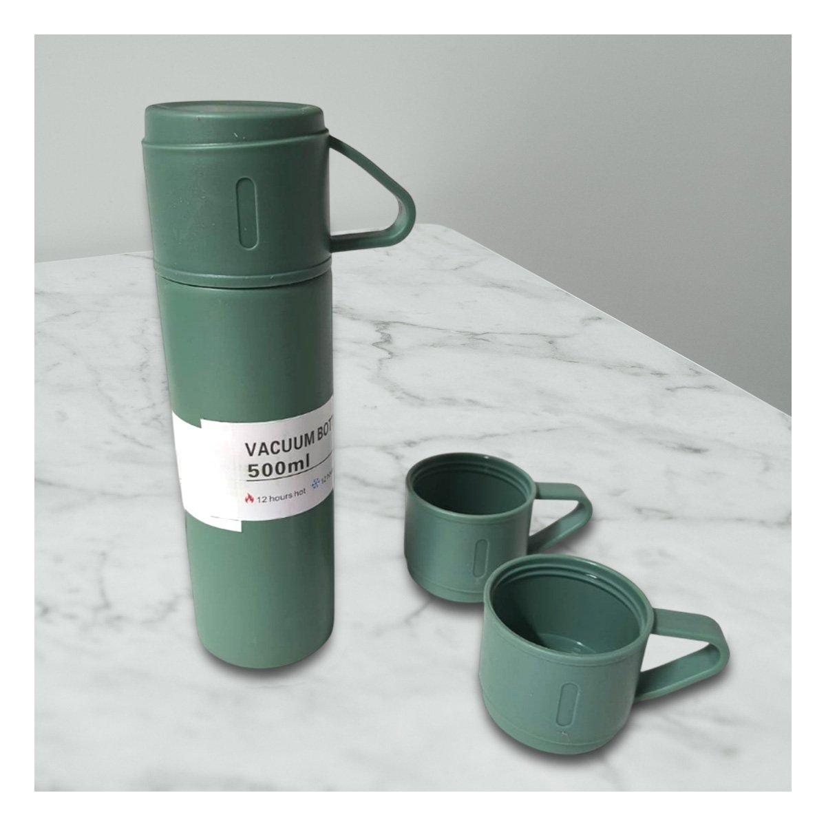 RECIPIENTE TERMICO CON 2 TAZAS VERDE PARA OFICINA Y VIAJE Y+REGALO STICKER - 2