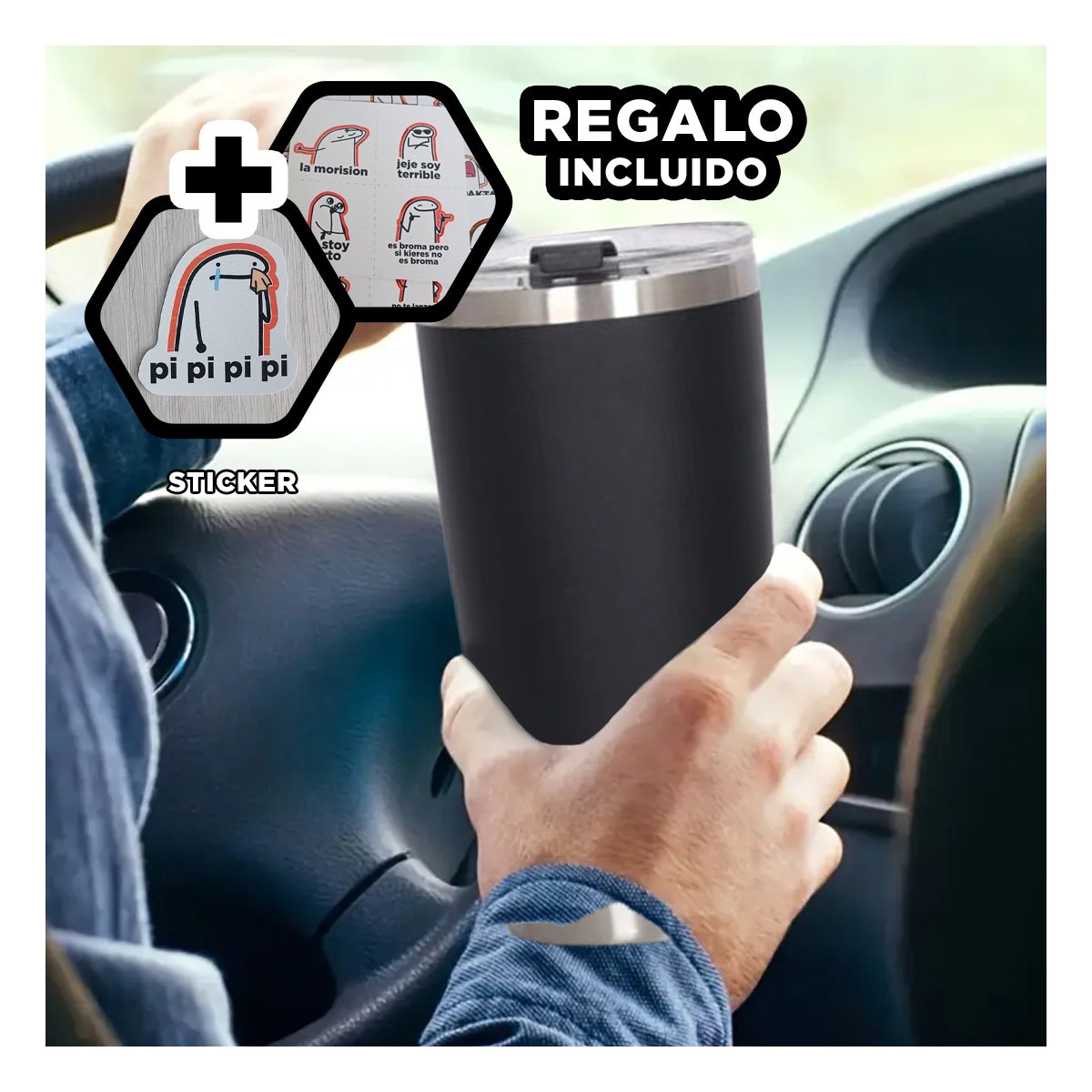 TERMO 600ML DE ACERO INOXIDABLE NEGRO CON TAPA FACIL DE ABRIR Y+REGALO STICKER - 1