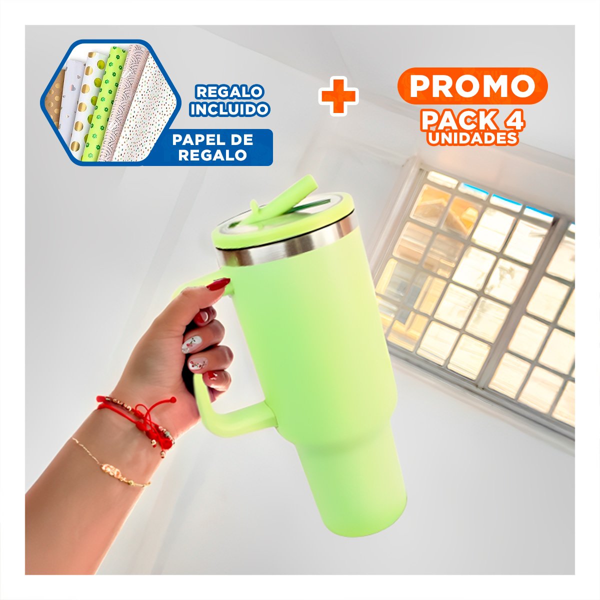 PACK4 TERMO EN COLOR VERDE LIMON CON ASA Y PICO 1200ML EN MATERIAL ABS Y ACERO Y+PAPEL REGALO - 1
