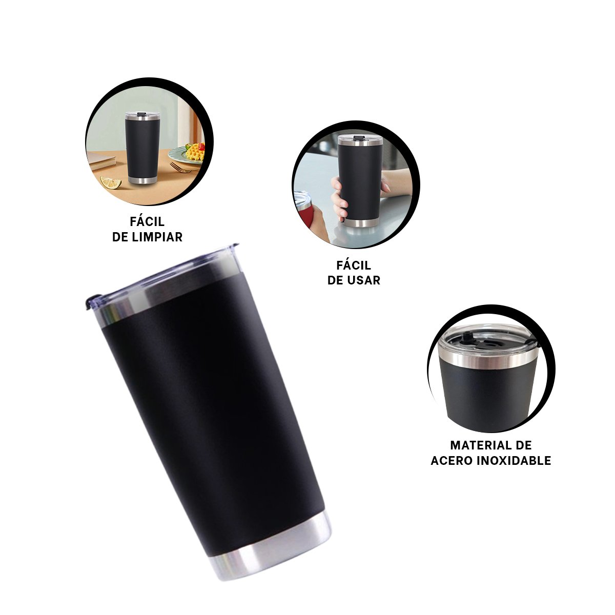 TERMO 600ML DE ACERO INOXIDABLE NEGRO CON TAPA Y DISENO FUNCIONAL - 3