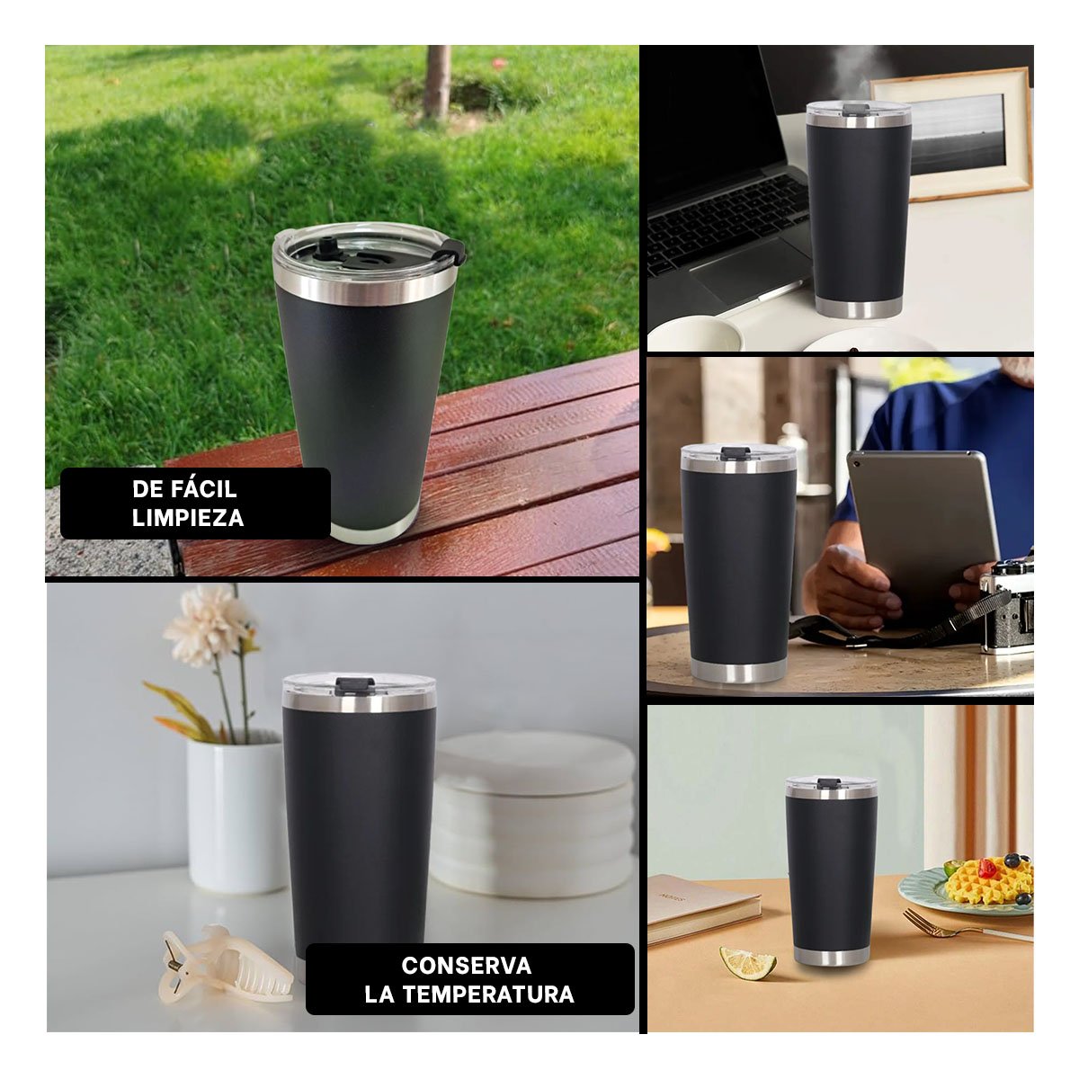 TERMO 600ML DE ACERO INOXIDABLE NEGRO CON TAPA Y DISENO FUNCIONAL - 5