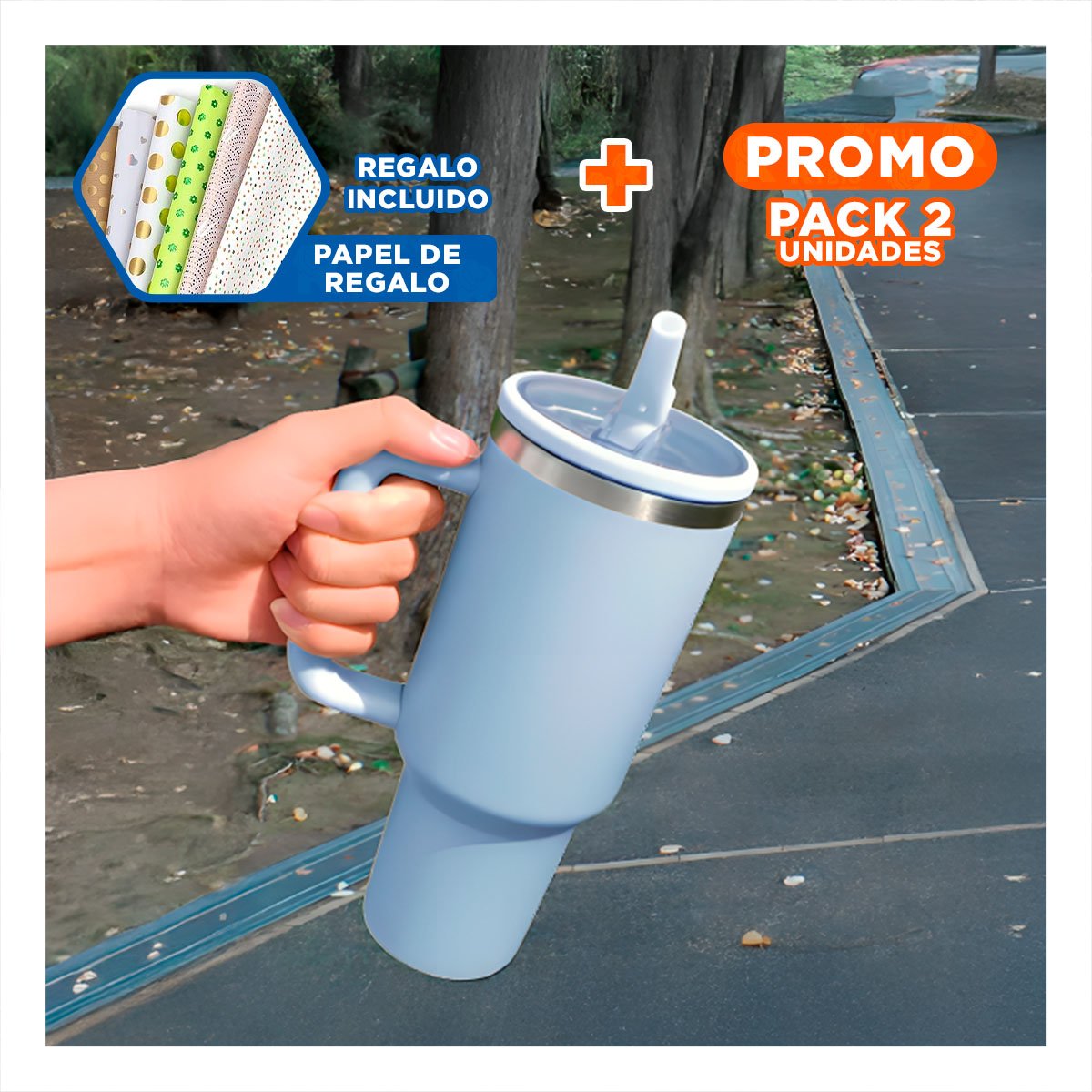 PACK2 TERMO EN COLOR CELESTE 1200ML CON ASA FIRME Y PICO EN ABS Y ACERO Y+PAPEL REGALO - 1