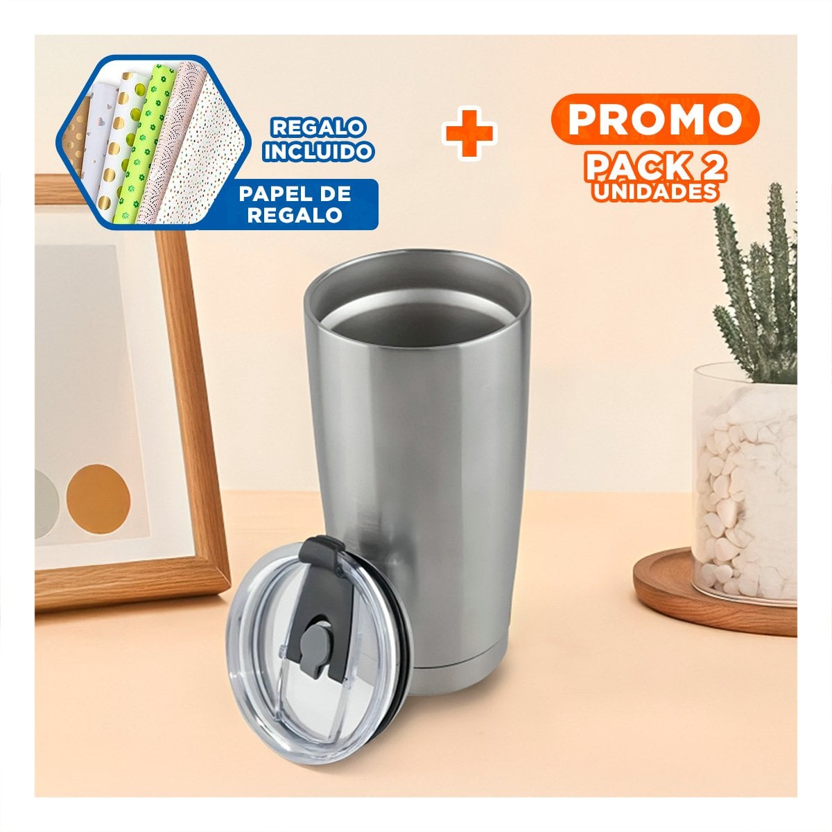 PACK2 VASO 600ML DE ACERO CON TAPA PLATEADA Y ASA FACIL DE TRANSPORTAR Y+PAPEL REGALO - 1