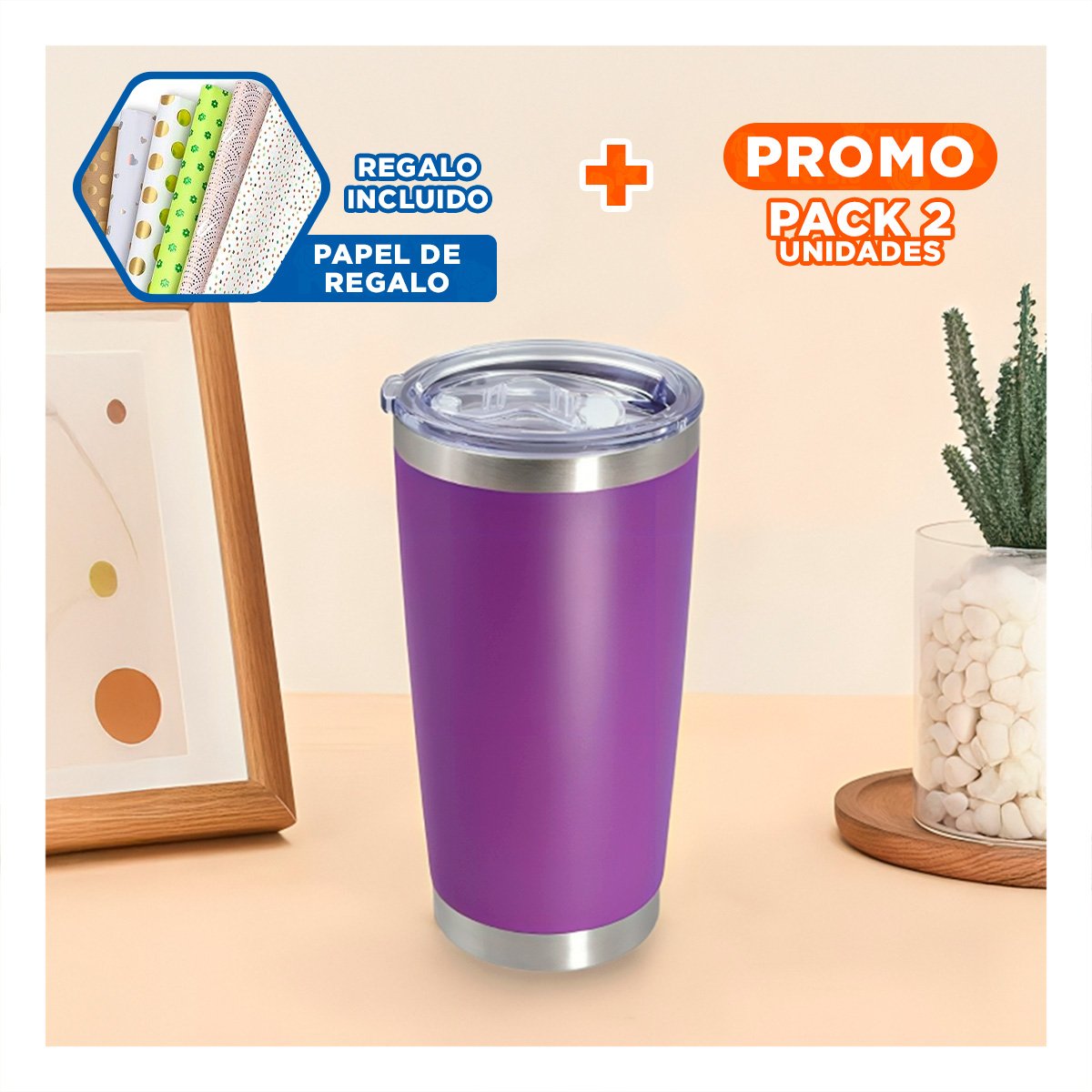 PACK2 VASO 600ML DE ACERO CON TAPA MORADA Y ASA FACIL DE TRANSPORTAR Y+PAPEL REGALO - 1