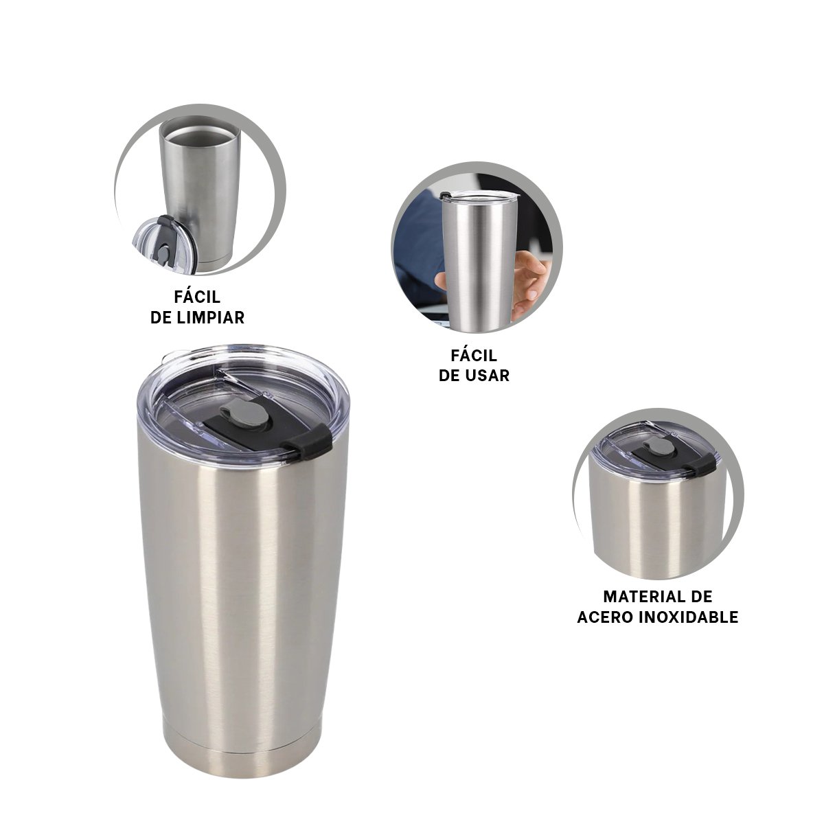 TERMO 600ML DE ACERO INOXIDABLE PLATEADO CON TAPA Y FORMA FUNCIONAL - 3