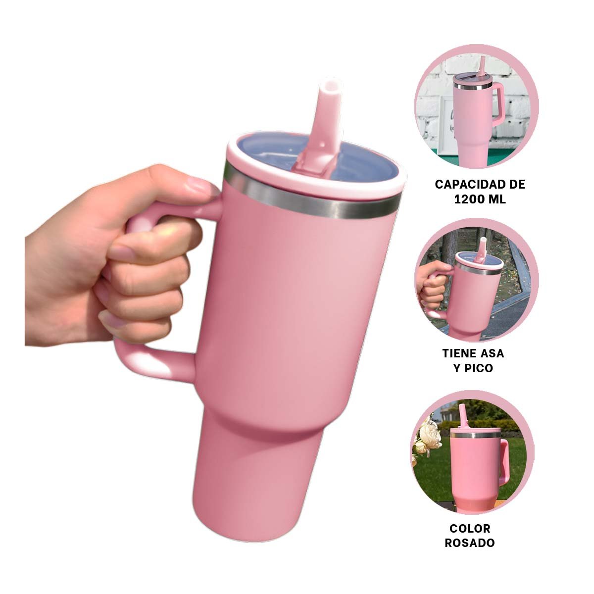 BOTELLA TERMICA 1200ML EN COLOR ROSADO CON ASA Y PICO EN ABS Y ACERO - 3