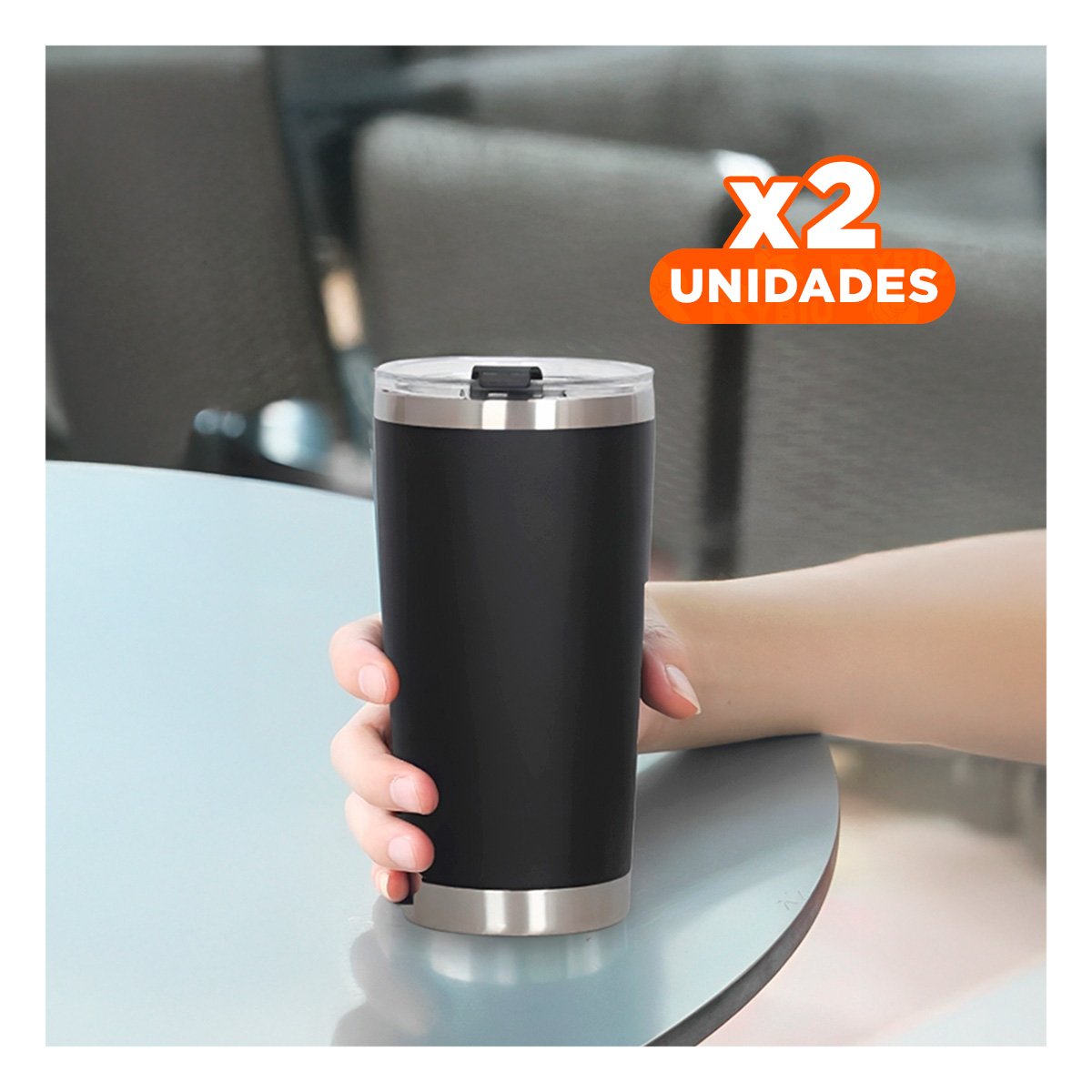 PACK2 VASO NEGRO CON TAPA 600ML DE ACERO INOXIDABLE PARA CAFE, TE Y BEBIDAS Y+REGALO STICKER - 1