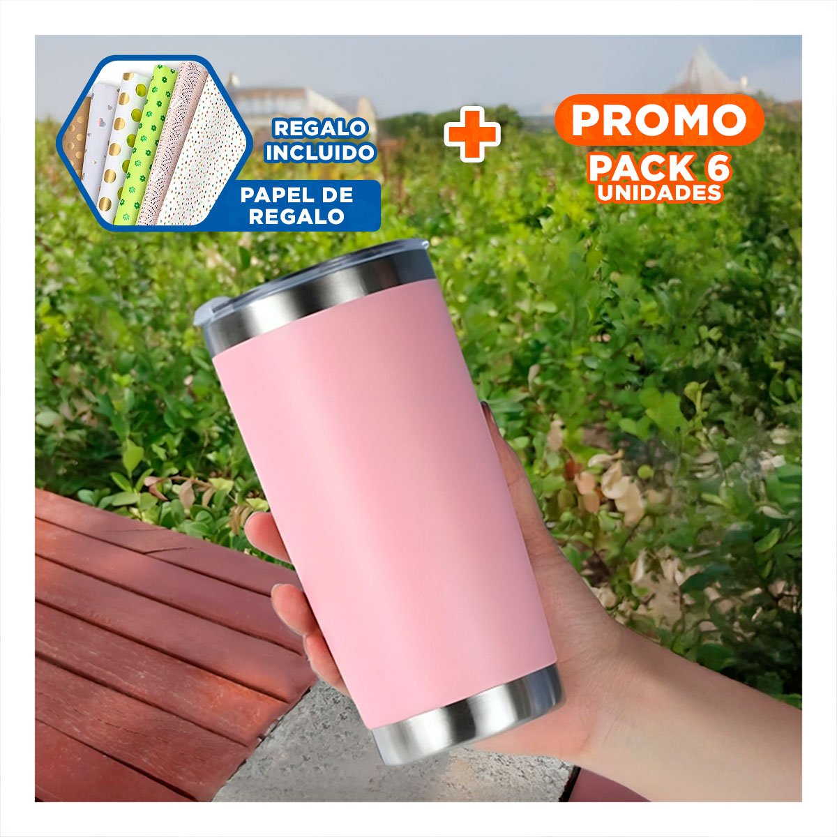 PACK6 CONTENEDOR ROSADO 600ML CON TAPA DE ACERO INOXIDABLE PARA USO DIARIO Y+PAPEL REGALO - 1