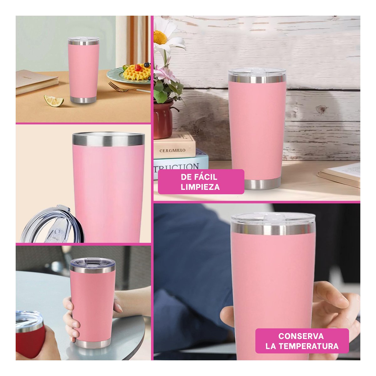 PACK6 CONTENEDOR ROSADO 600ML CON TAPA DE ACERO INOXIDABLE PARA USO DIARIO Y+PAPEL REGALO - 3