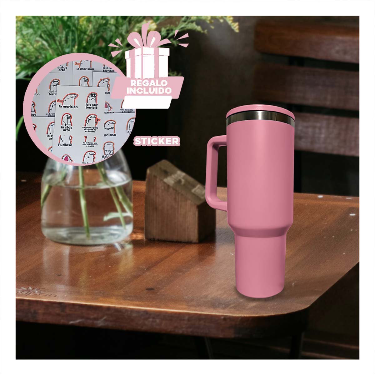 BOTELLA TERMICA EN COLOR ROSADO 1200ML CON ASA LATERAL Y PICO ABS Y ACERO Y+REGALO STICKER - 1